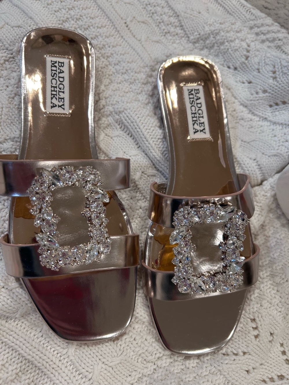 Badgley Mischka Rose Gold Crystal-Embellished Slide Mules, sz 6